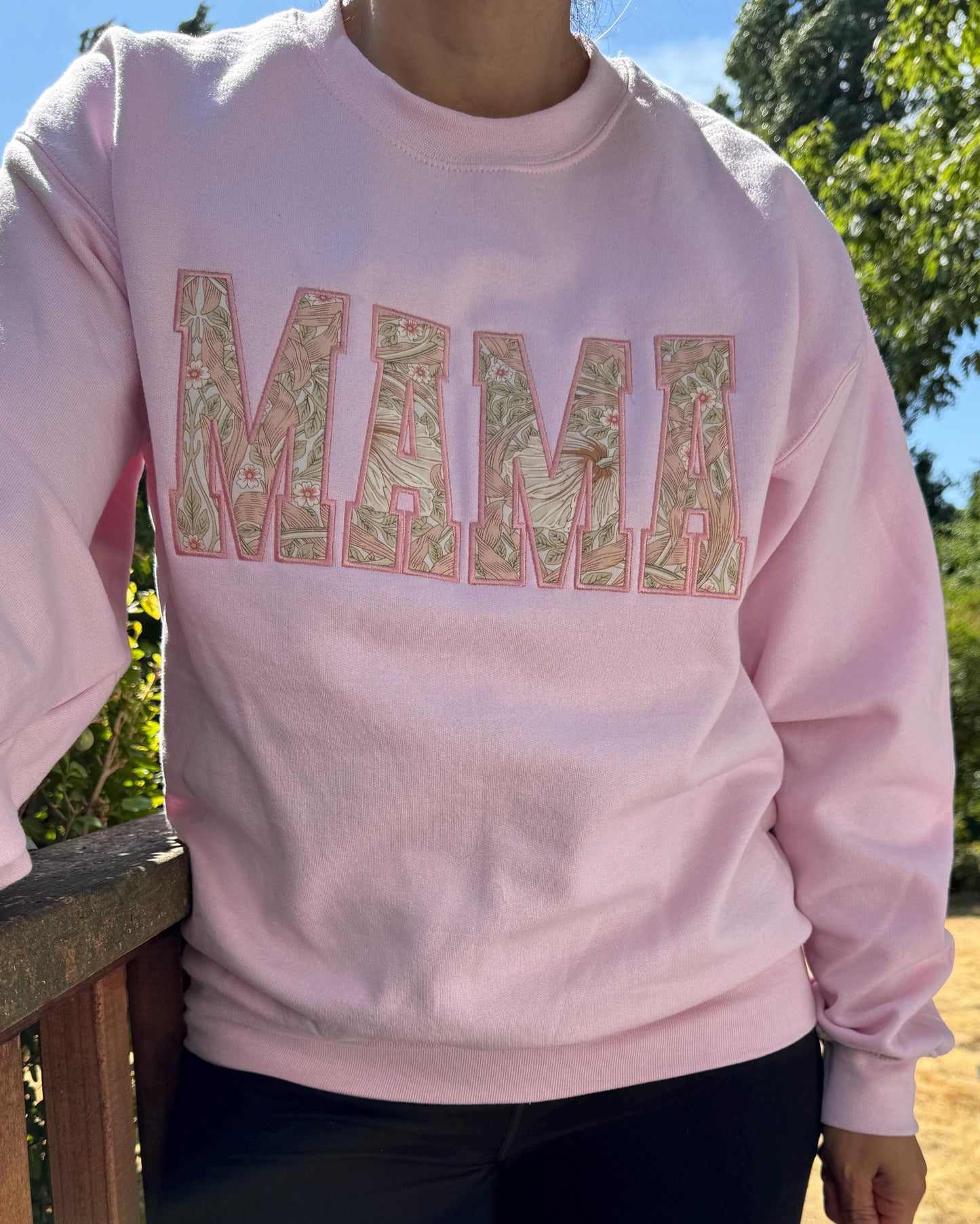 William Morris Pimpernel Blush MAMA Applique Crewneck - Embroidered Satin Stitch - Designer Fabric England - Gildan & Comfort Colors