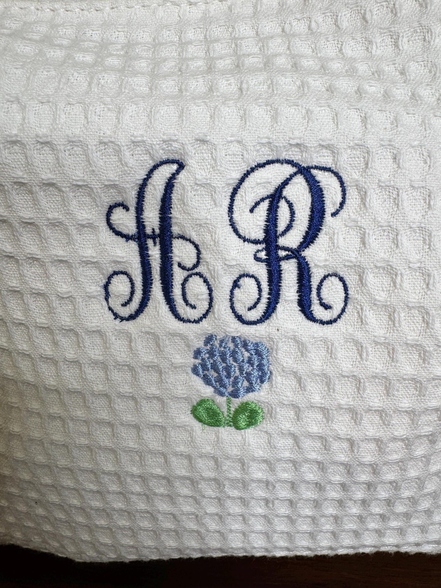 Embroidered Customized Waffle Makeup Bag w/Monograms and Hydrangea - Other small flowers or fruits -Gifts for her/wedding/bachelorette/bride