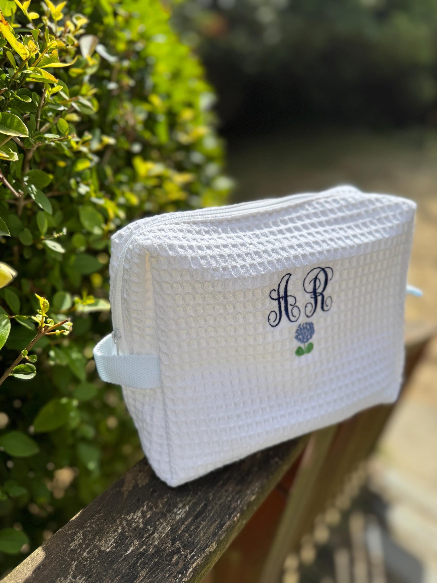 Embroidered Customized Waffle Makeup Bag w/Monograms and Hydrangea - Other small flowers or fruits -Gifts for her/wedding/bachelorette/bride