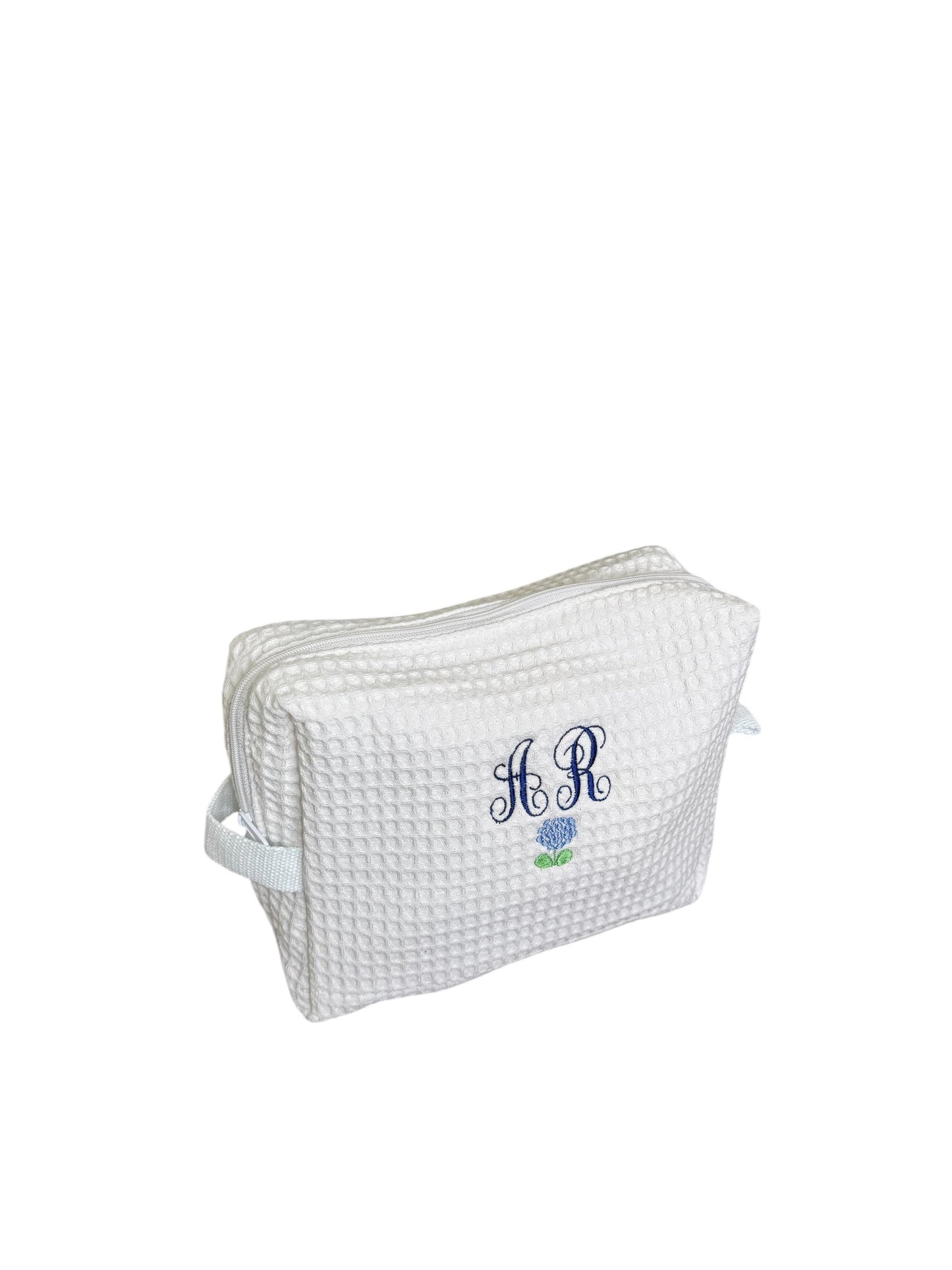 Embroidered Customized Waffle Makeup Bag w/Monograms and Hydrangea - Other small flowers or fruits -Gifts for her/wedding/bachelorette/bride