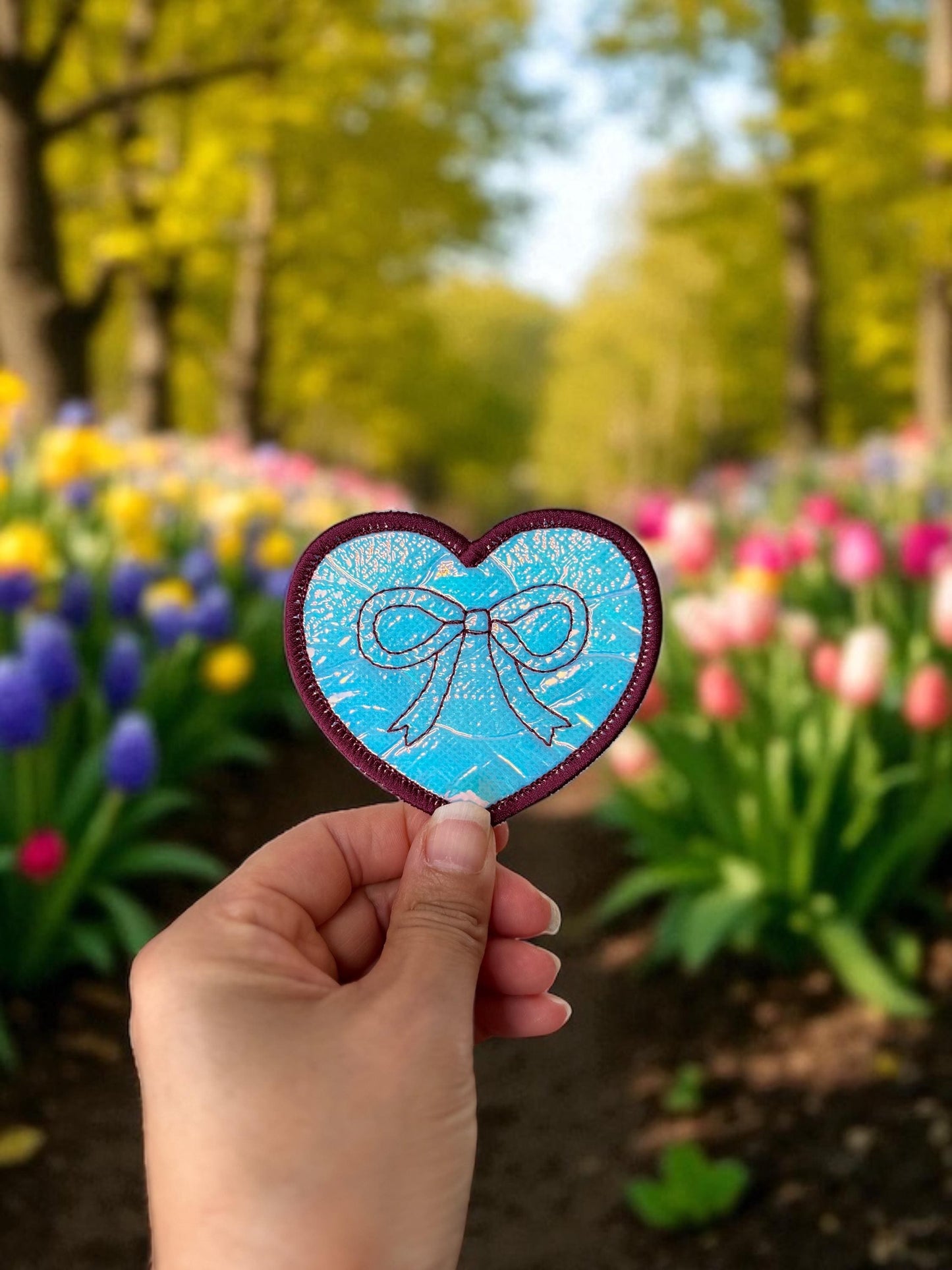 Holographic Embroidered Heart Patch with Bow - cute & shiny accent - iron or sew on - backpack, trucker hat, clothing - gifts for her
