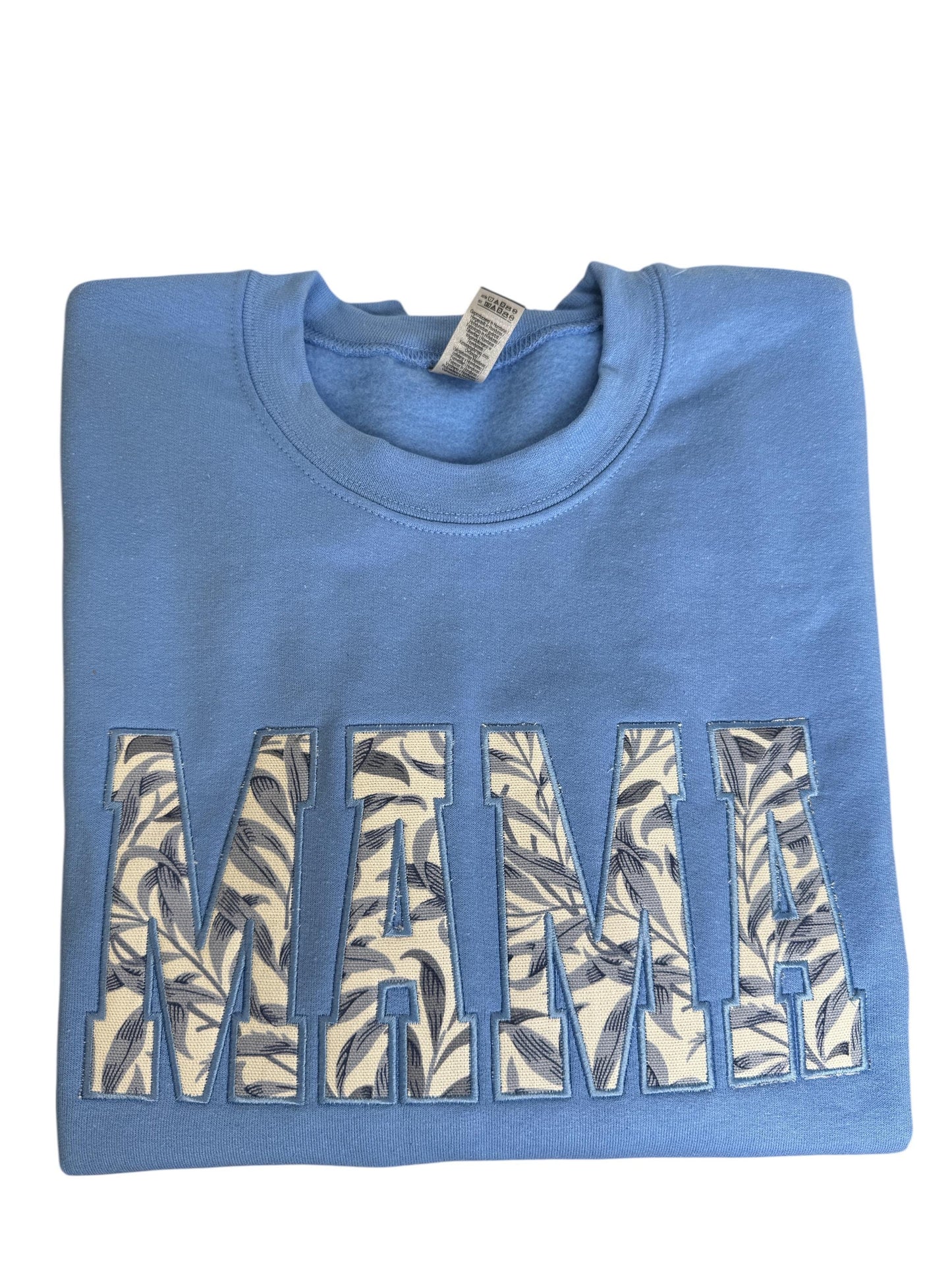 William Morris Willow Bough Blue MAMA Applique Crewneck - Embroidered Satin Stitch - Designer Fabric England - Gildan & Comfort Colors