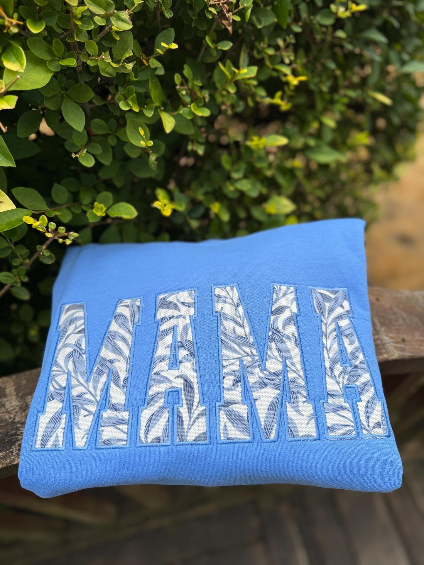 William Morris Willow Bough Blue MAMA Applique Crewneck - Embroidered Satin Stitch - Designer Fabric England - Gildan & Comfort Colors