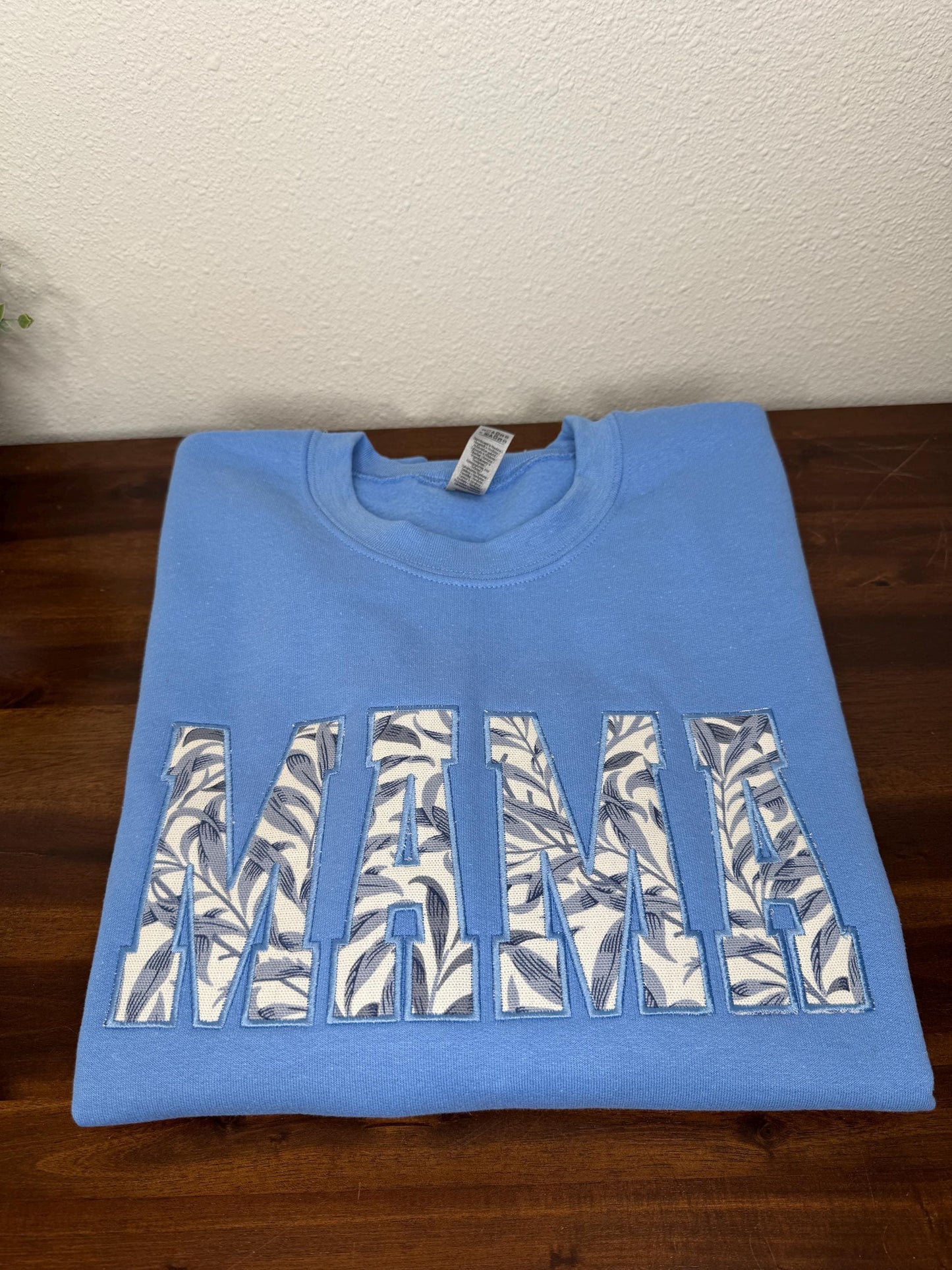 William Morris Willow Bough Blue MAMA Applique Crewneck - Embroidered Satin Stitch - Designer Fabric England - Gildan & Comfort Colors