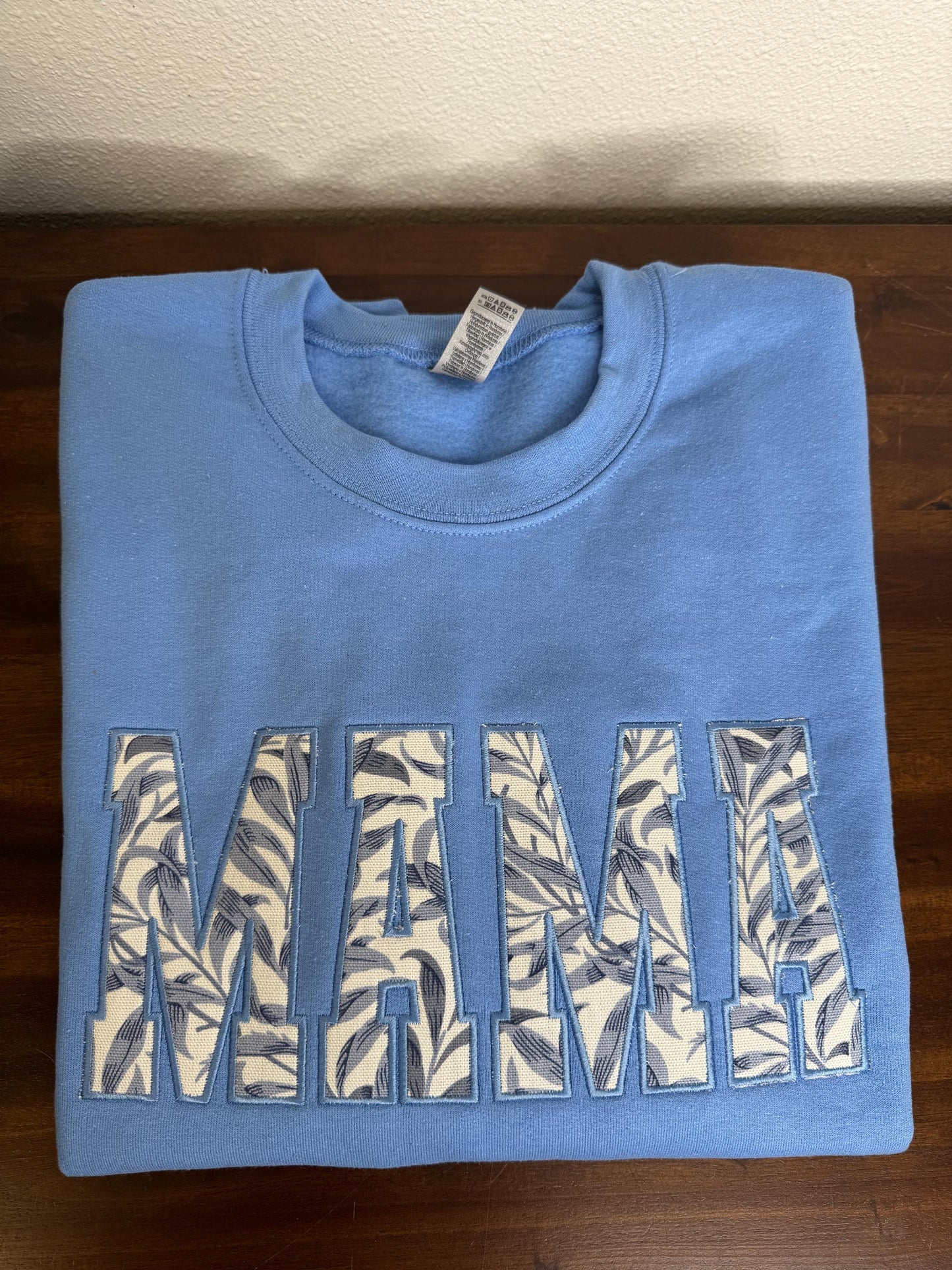William Morris Willow Bough Blue MAMA Applique Crewneck - Embroidered Satin Stitch - Designer Fabric England - Gildan & Comfort Colors