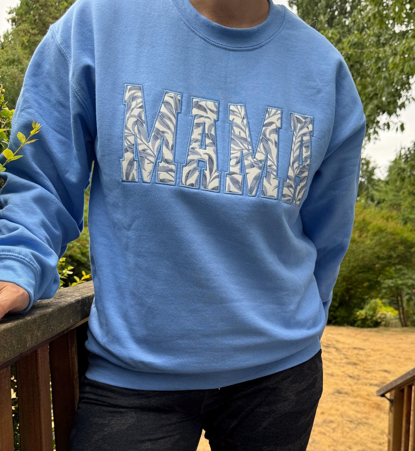 William Morris Willow Bough Blue MAMA Applique Crewneck - Embroidered Satin Stitch - Designer Fabric England - Gildan & Comfort Colors