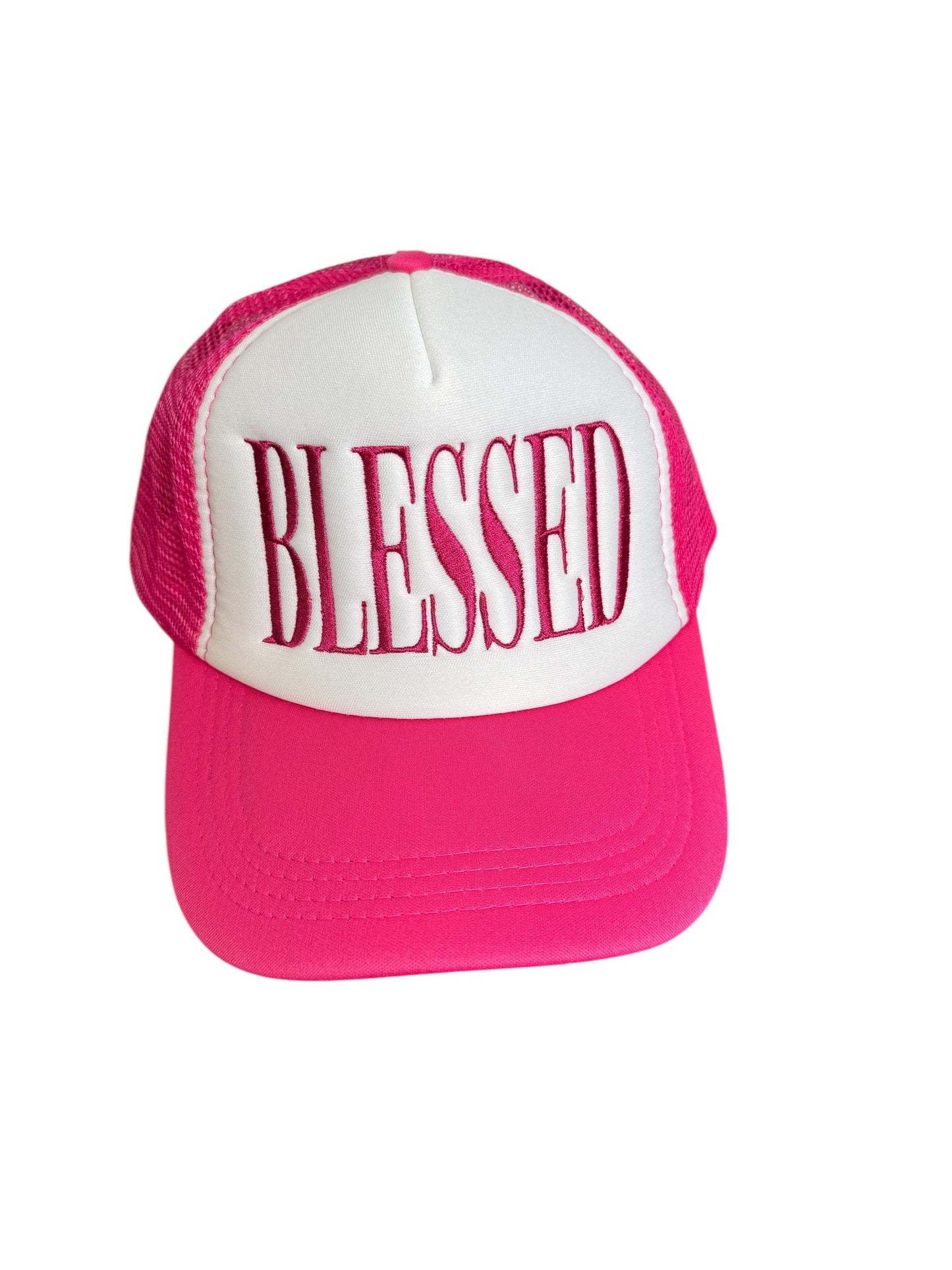 Embroidered Foam Trucker Hat - "Blessed" large text - Trucker Hat, Structured Snapback Mesh Hat - Adjustable Fitted Hat - Gifts for Her/Him