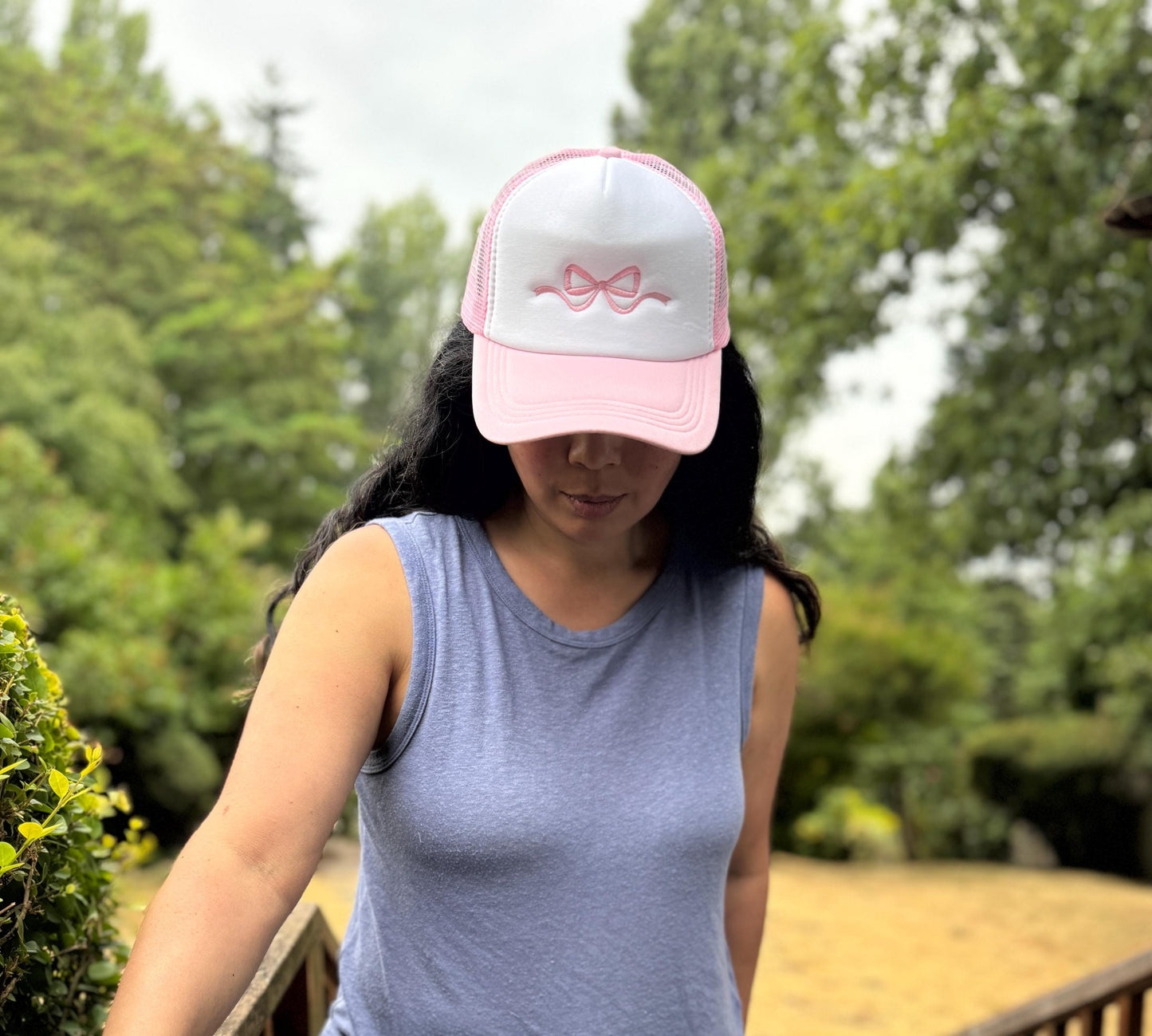 Embroidered Foam Trucker Hat - Light Pink & White with coquette bow in satin stitch- Trucker Hat, Foam mesh cap - gifts for her - bridesmaid