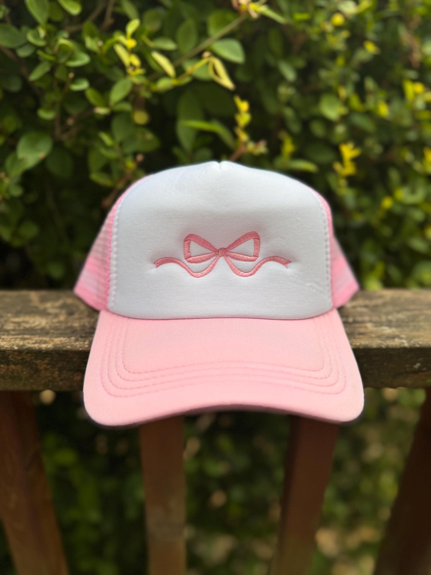 Embroidered Foam Trucker Hat - Light Pink & White with coquette bow in satin stitch- Trucker Hat, Foam mesh cap - gifts for her - bridesmaid