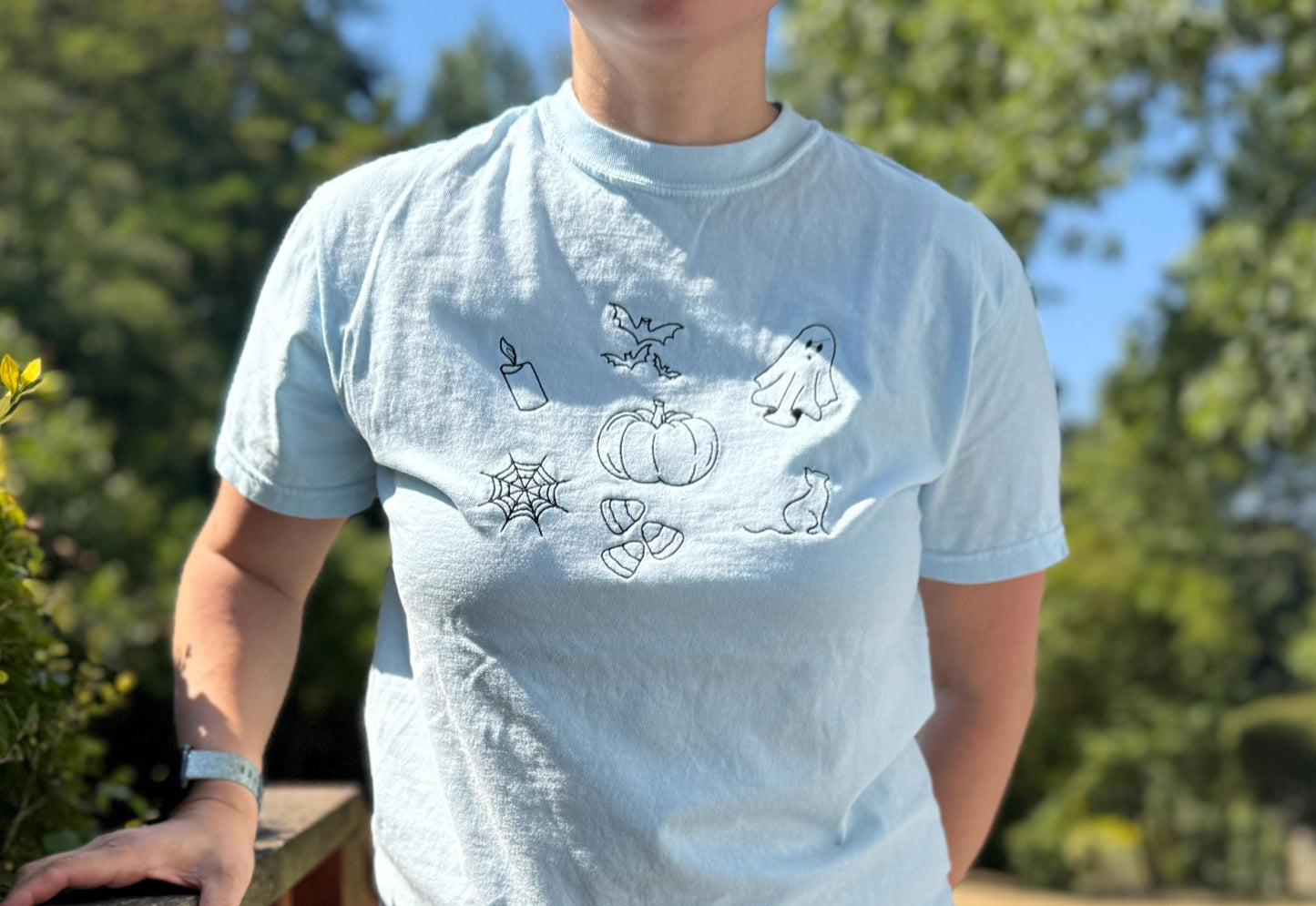Halloween Doodles Embroidered T-shirt Comfort Colors - Spooky Season/Bats/Pumpkins/Ghosts/Candy/Cats