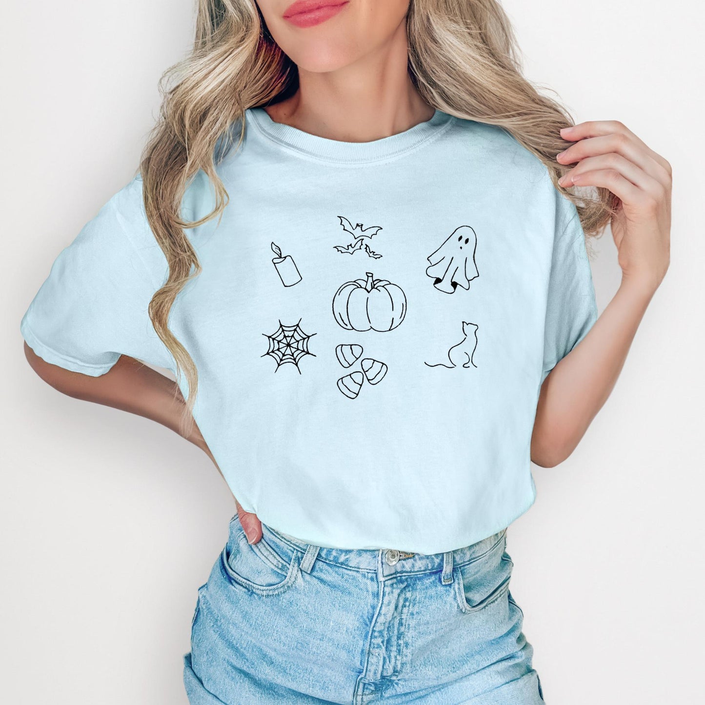 Halloween Doodles Embroidered T-shirt Comfort Colors - Spooky Season/Bats/Pumpkins/Ghosts/Candy/Cats