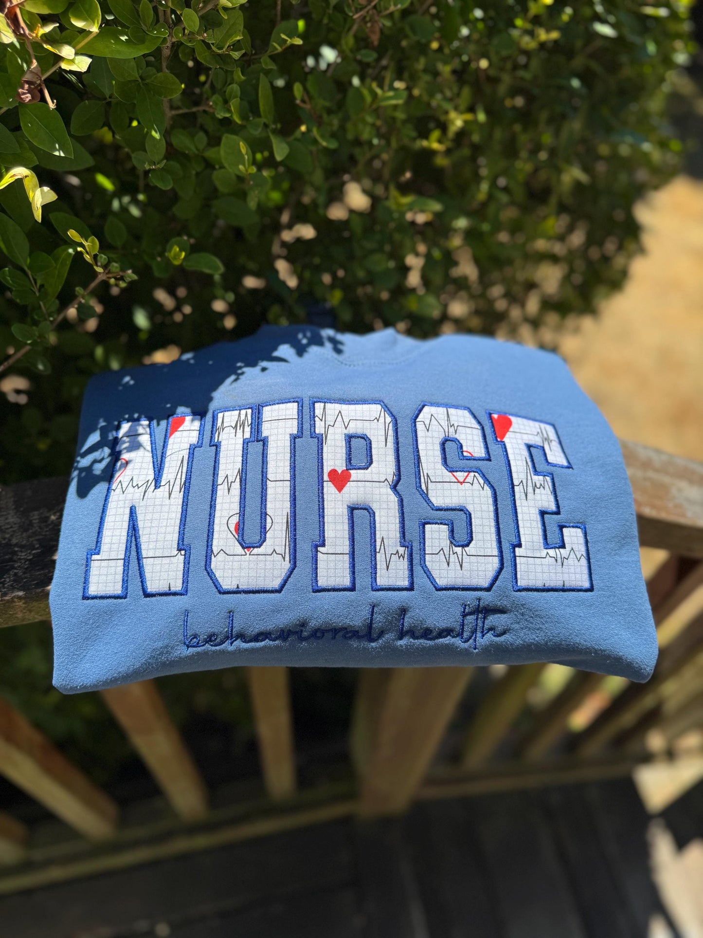 NURSE embroidered Applique Crewneck - Nurse vitals hearts fabric - satin stitch finish - Healthcare RN - Gildan & Comfort Colors