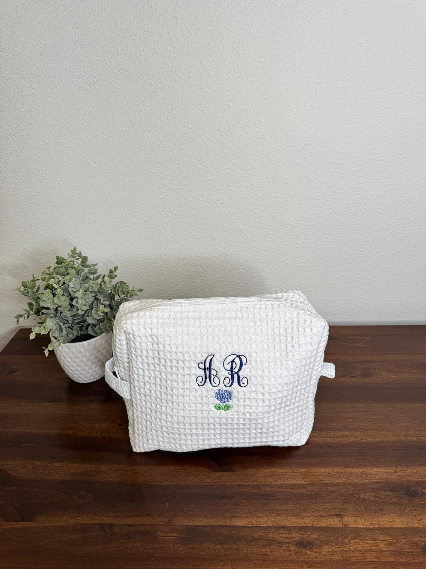 Embroidered Customized Waffle Makeup Bag w/Monograms and Hydrangea - Other small flowers or fruits -Gifts for her/wedding/bachelorette/bride