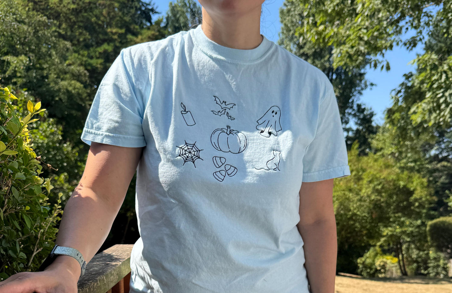 Halloween Doodles Embroidered T-shirt Comfort Colors - Spooky Season/Bats/Pumpkins/Ghosts/Candy/Cats
