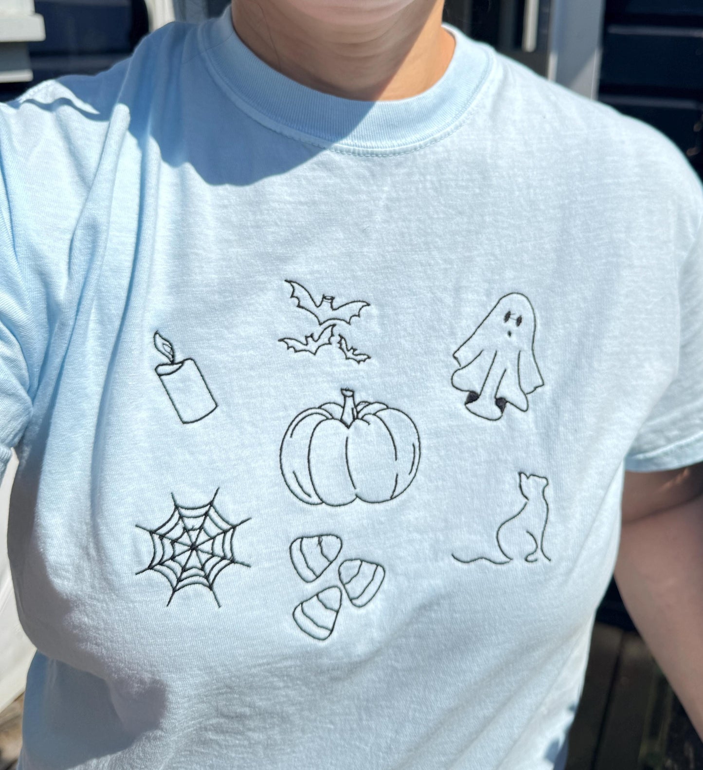 Halloween Doodles Embroidered T-shirt Comfort Colors - Spooky Season/Bats/Pumpkins/Ghosts/Candy/Cats