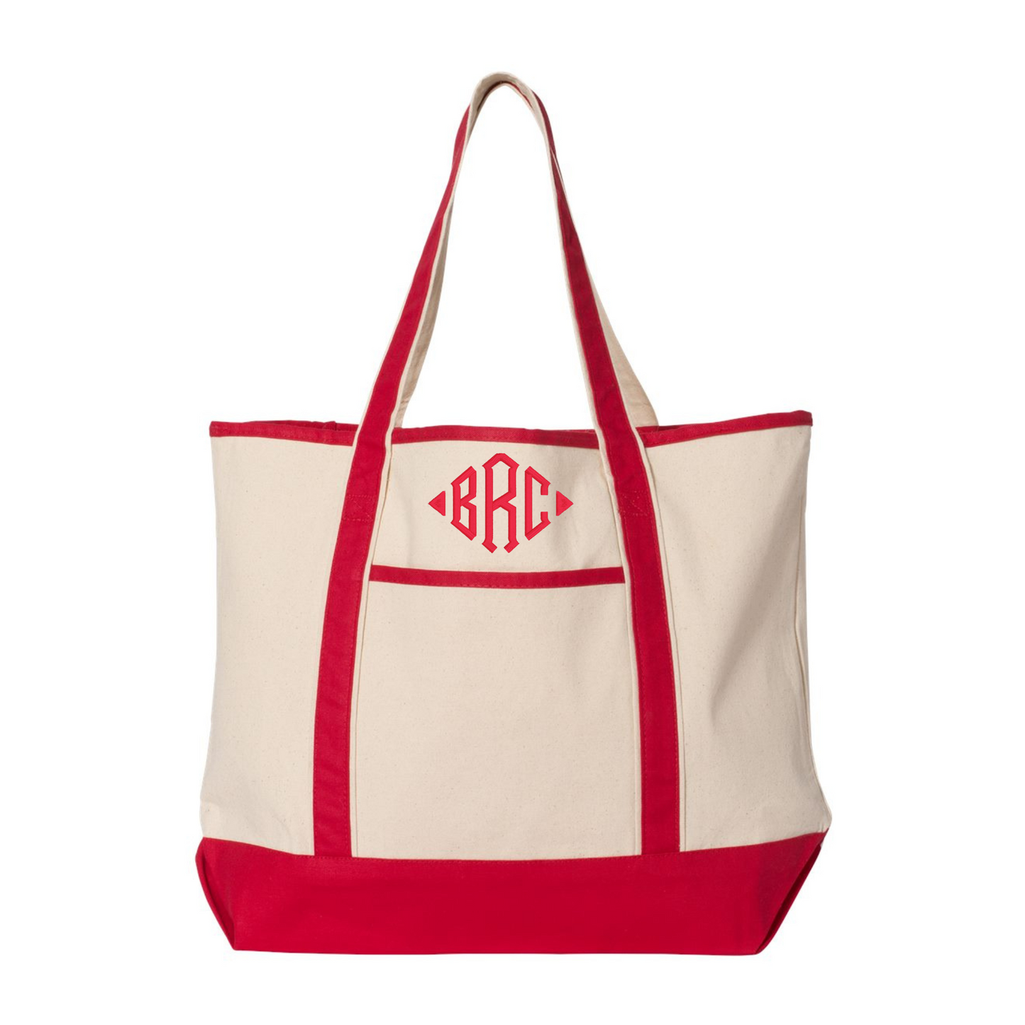 Large Canvas Boat Tote Bag - Large Embroidered Monogram Initials - Pink, Red, Green, Blue, Black