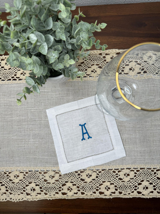Customized Monogram One Initial Fishbone Embroidered Linen Cocktail Napkins (Set of 4,6,8)