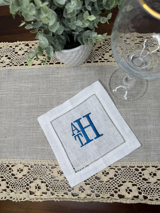 Customized Monogram Stacked Embroidered Linen Cocktail Napkins (Set of 4,6,8)