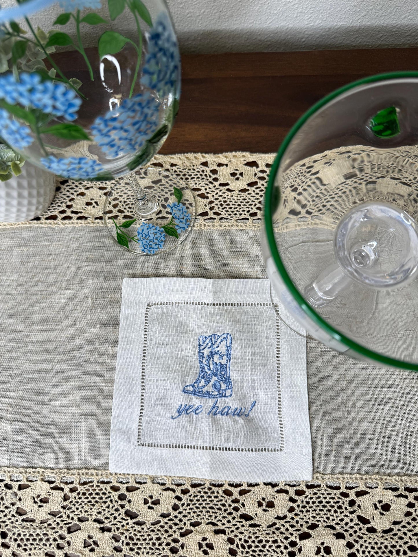 Chinoiserie Cowboy Boots Yee Haw! Embroidered Linen Cocktail Napkins (Set of 4)
