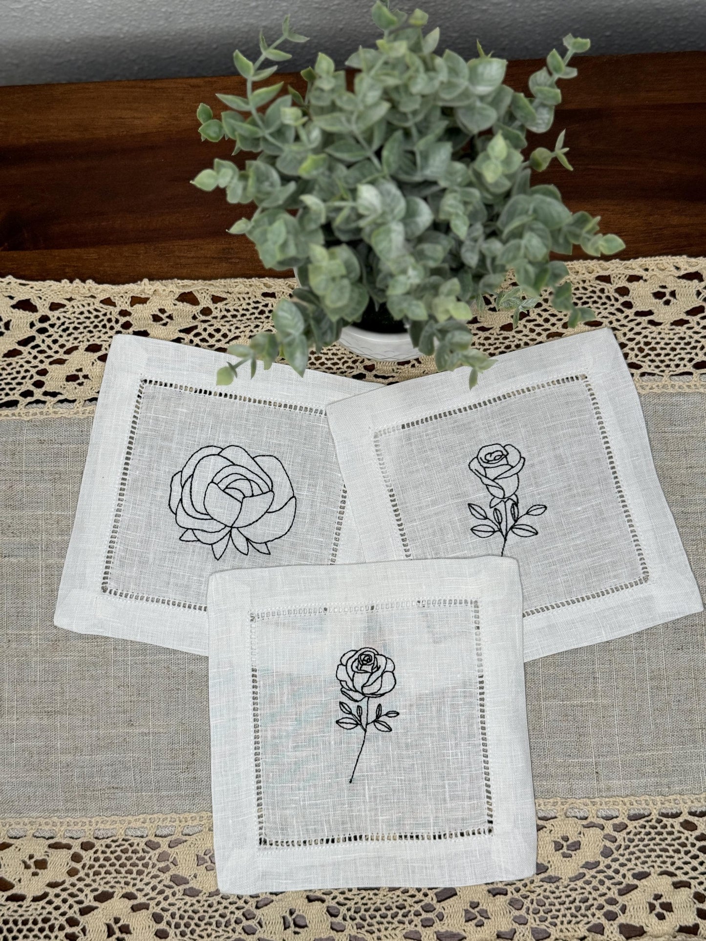 Minimalist Rose Embroidered Party Linen Cocktail Napkins (Set of 8)