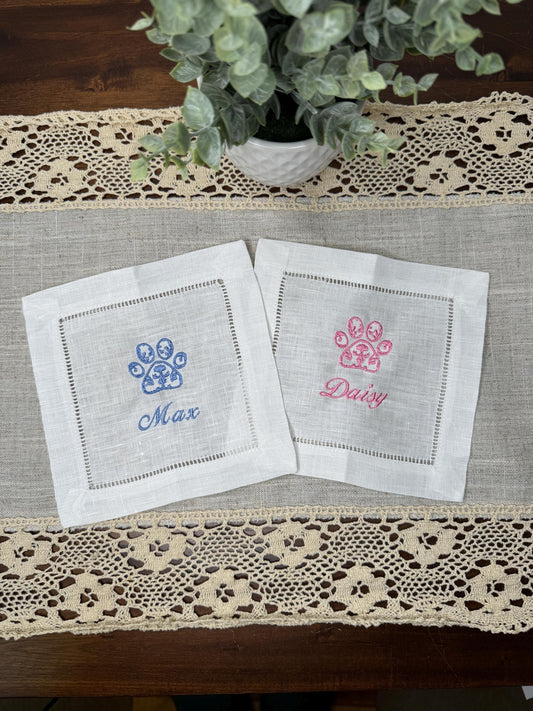 Customized Chinoiserie Paw Print Embroidered Linen Cocktail Napkins - Set of 4,6,8