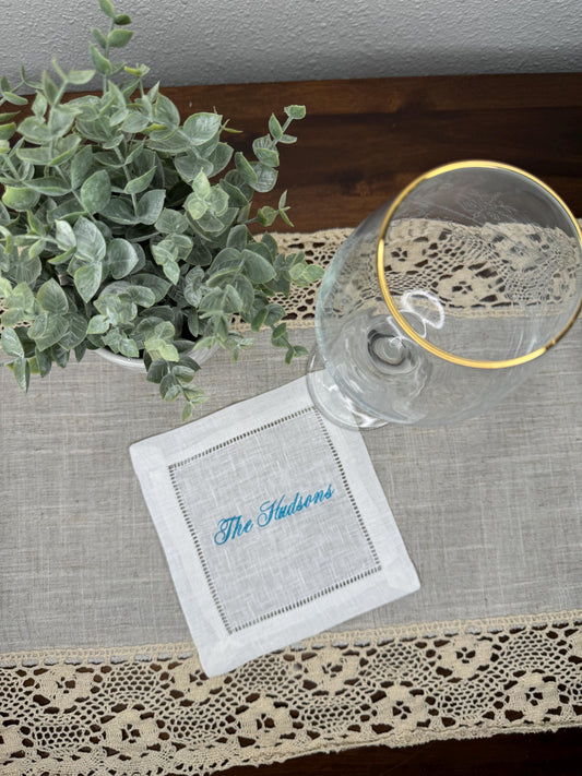 Customized Family Name Embroidered Linen Cocktail Napkins (Set of 4,6,8)