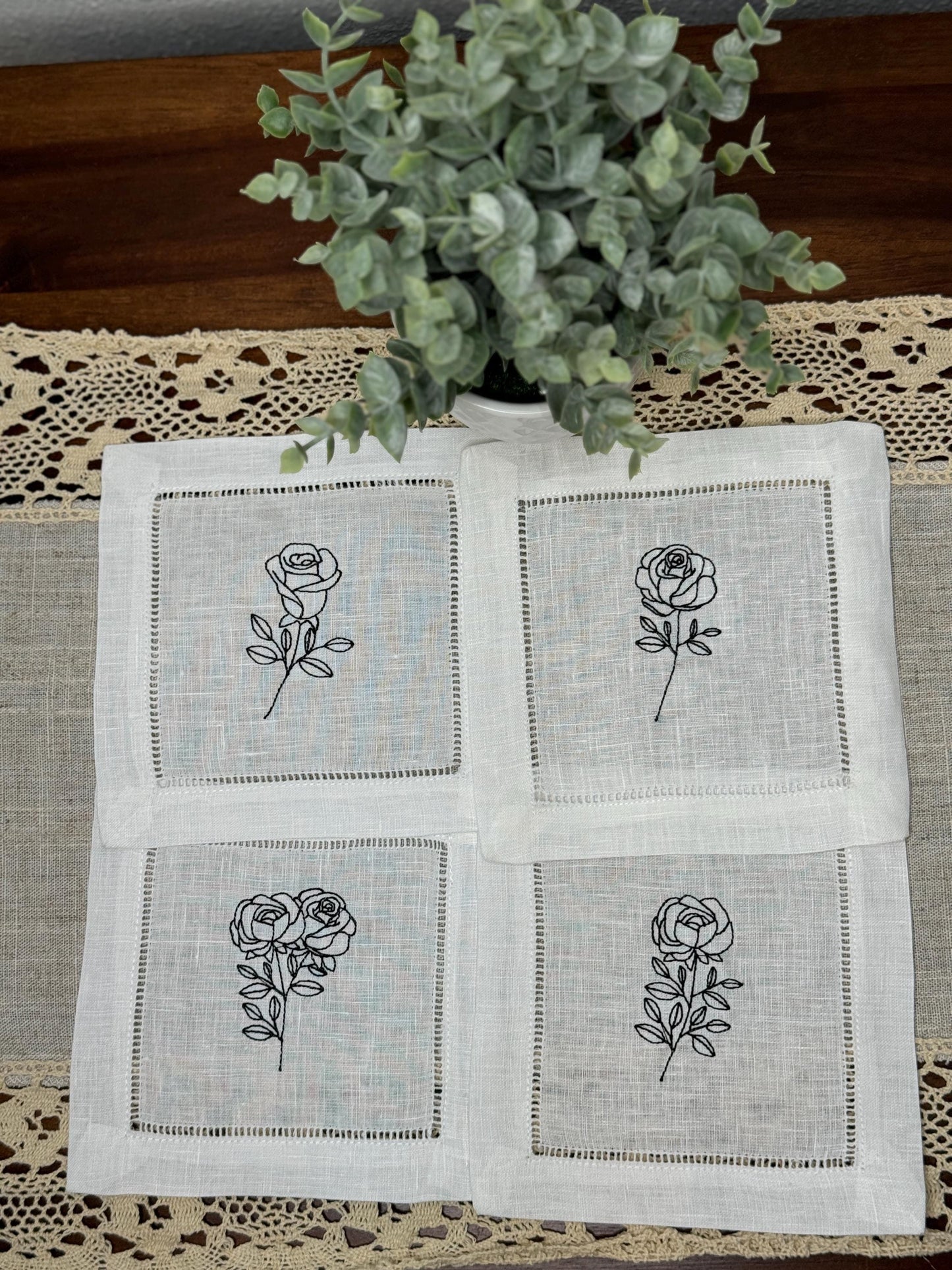 Minimalist Rose Embroidered Party Linen Cocktail Napkins (Set of 8)