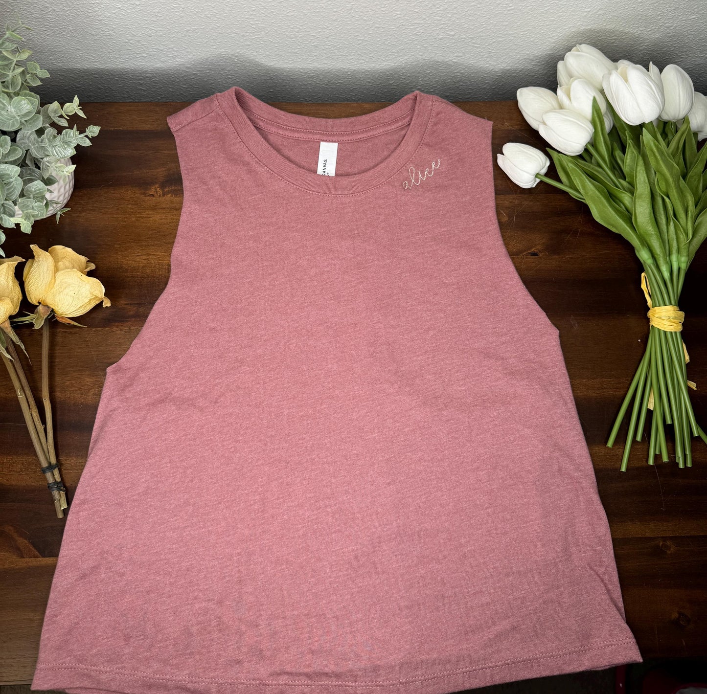 Bella + Canvas Racerback Crop Tank with Embroidered Curved Customized Name on Neckline