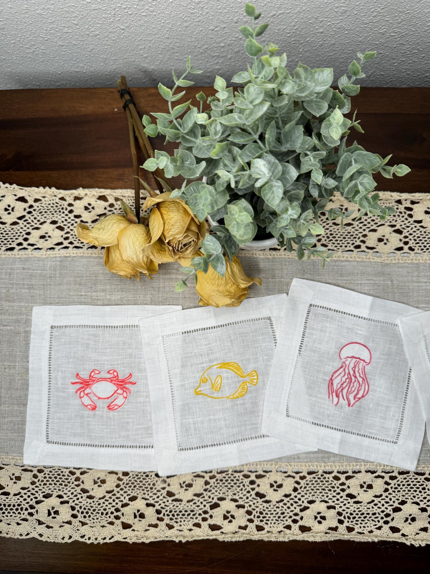 Colorful Marine Animals Embroidered Linen Cocktail Napkins (Set of 6)