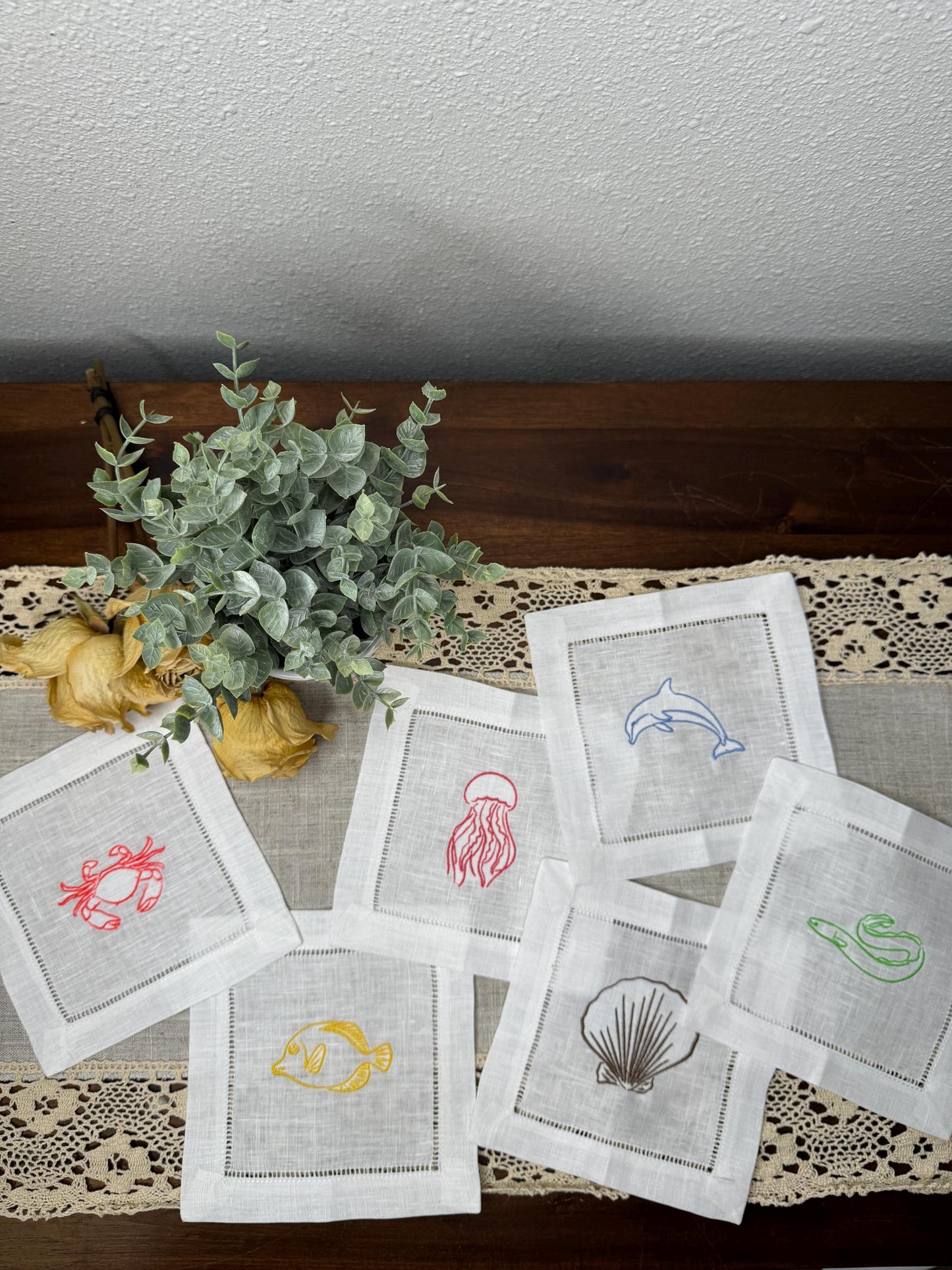 Colorful Marine Animals Embroidered Linen Cocktail Napkins (Set of 6)