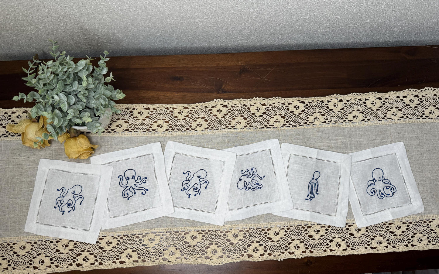 Marine Octopus Embroidered Linen Cocktail Napkins (Set of 6)