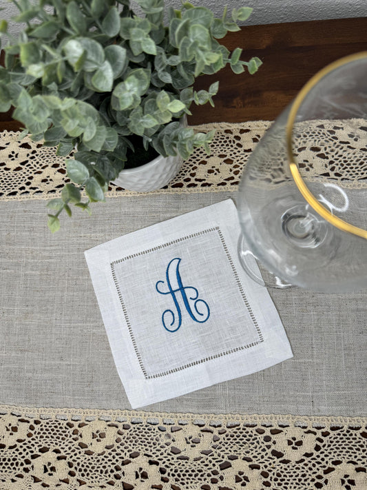 Customized Monogram One Initial Embroidered Linen Cocktail Napkins - Set of 4,6,8