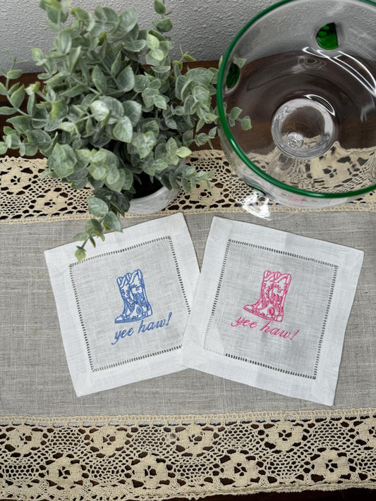 Chinoiserie Cowboy Boots Yee Haw! Embroidered Linen Cocktail Napkins (Set of 4)