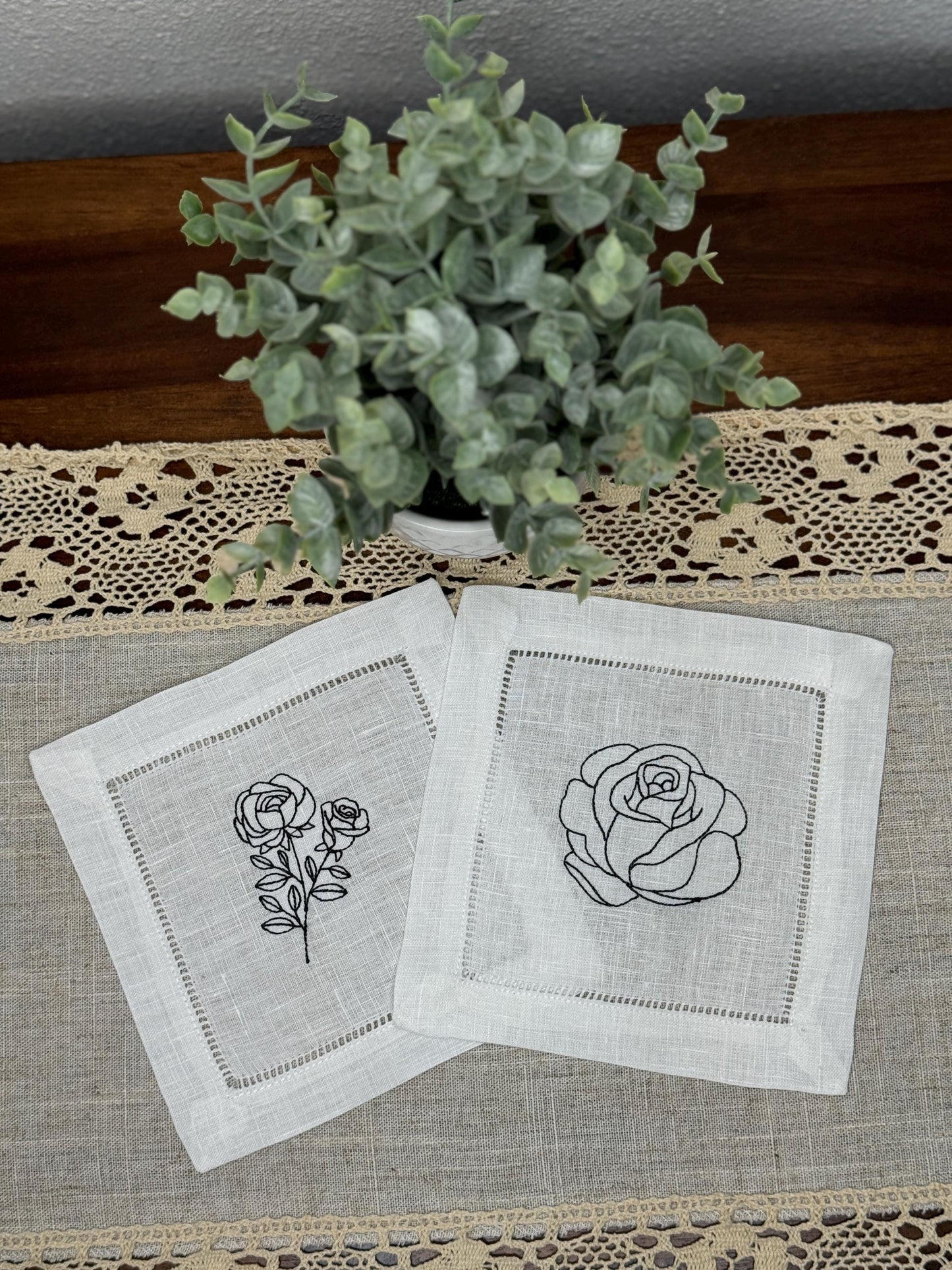 Minimalist Rose Embroidered Party Linen Cocktail Napkins (Set of 8)