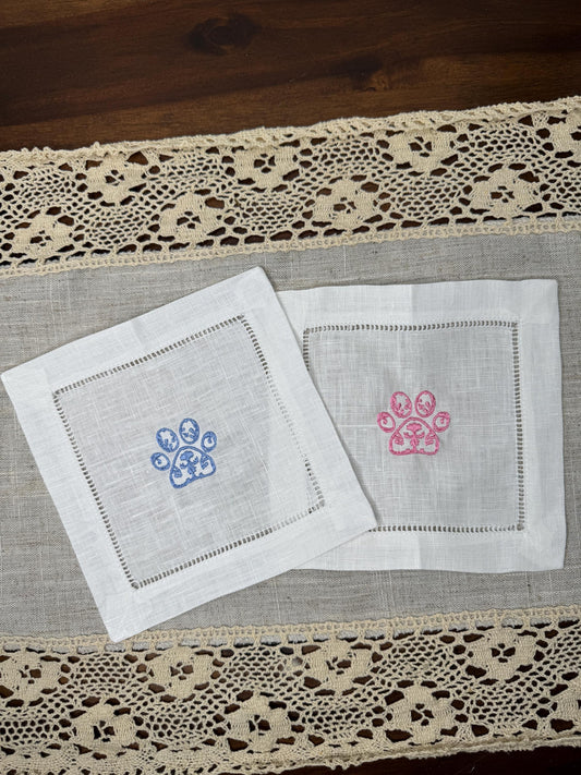 Chinoiserie Paw Print Embroidered Linen Cocktail Napkins (Set of 4)