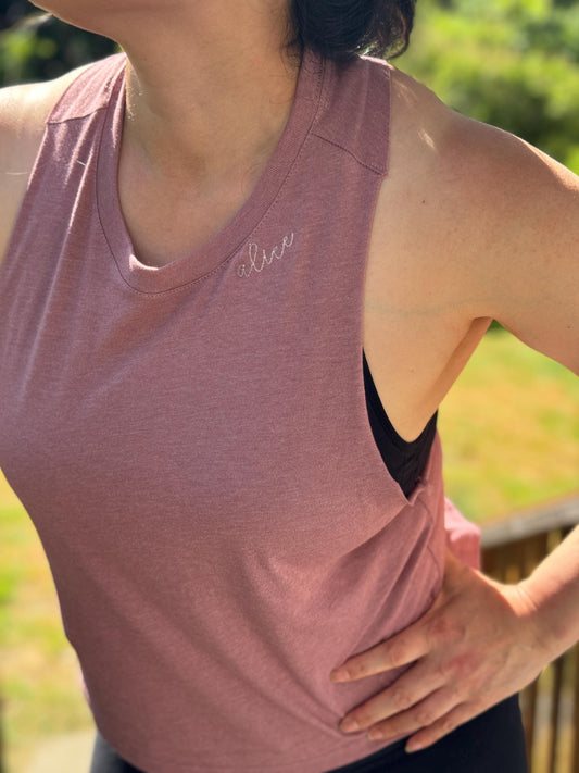 Bella + Canvas Racerback Crop Tank with Embroidered Curved Customized Name on Neckline