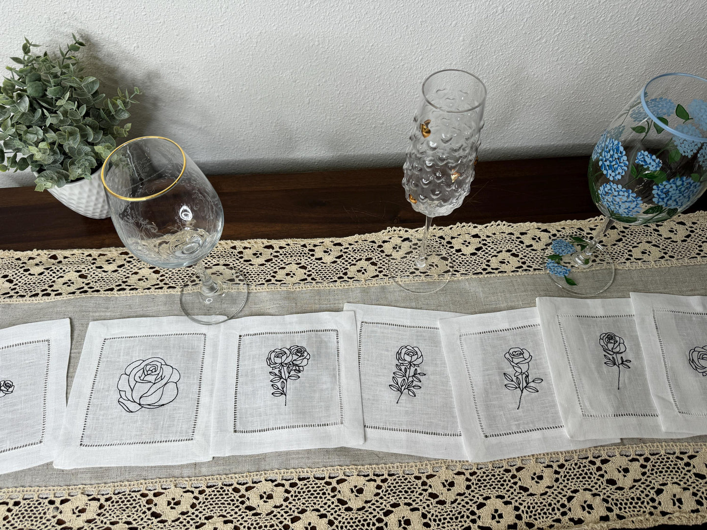 Minimalist Rose Embroidered Party Linen Cocktail Napkins (Set of 8)
