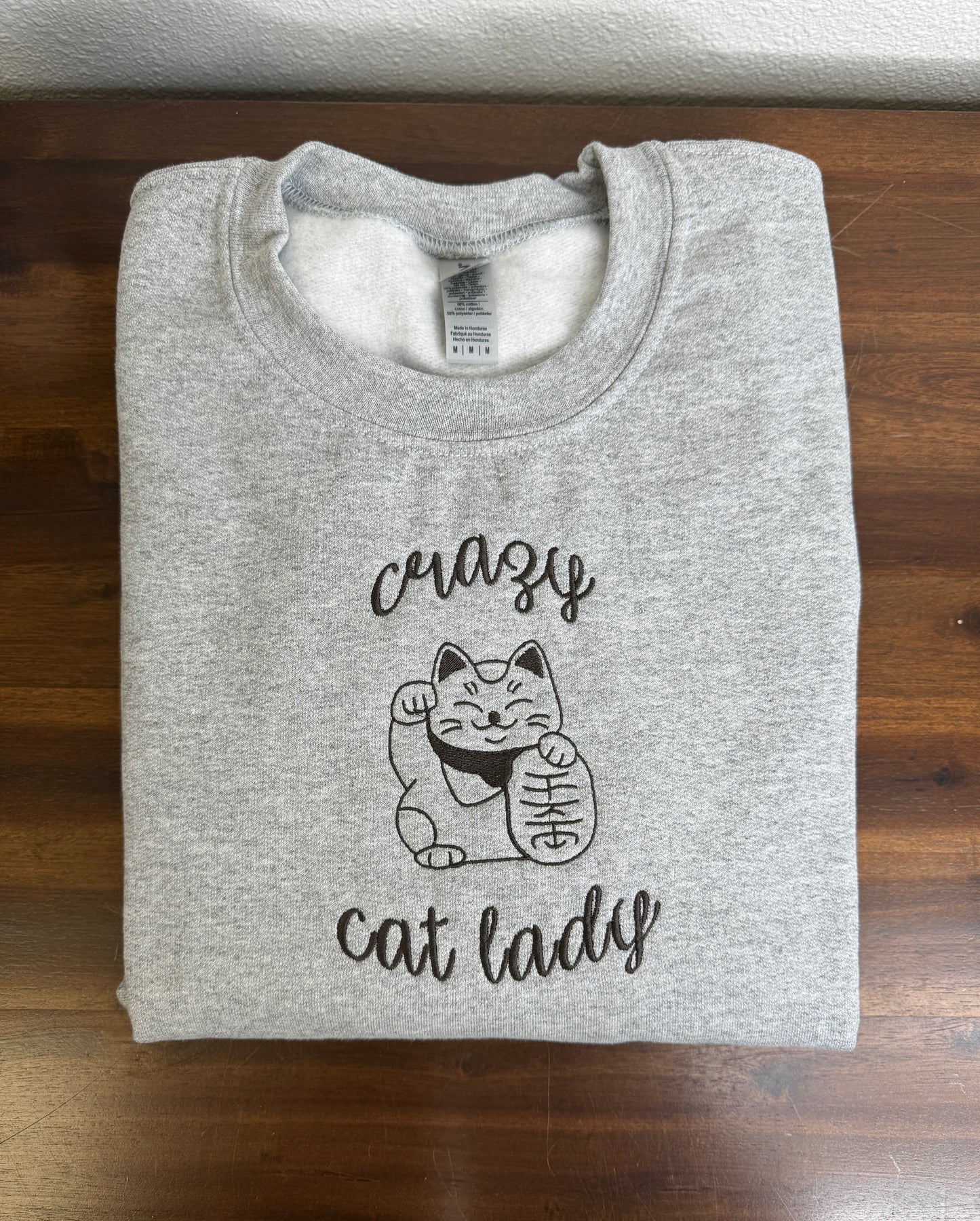 Crazy Cat Lady Embroidered Crewneck Sweatshirt - Lucky Cat - Gildan & Comfort Colors