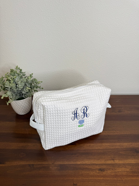 Embroidered Customized Waffle Makeup Bag w/Monograms and Hydrangea - Other small flowers or fruits