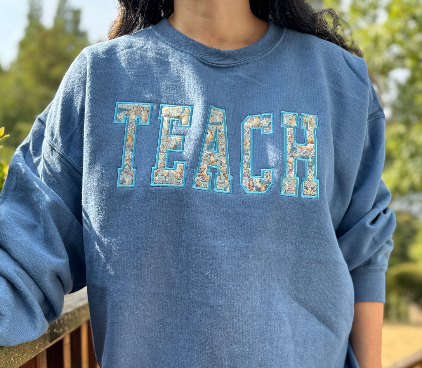 TEACH embroidered Applique Crewneck with William Morris Fabric