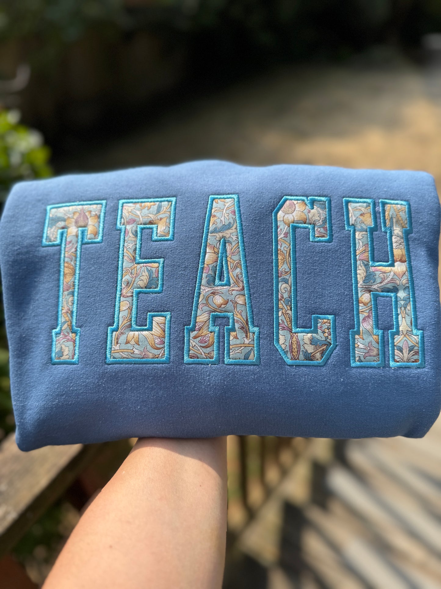 TEACH embroidered Applique Crewneck with William Morris Fabric