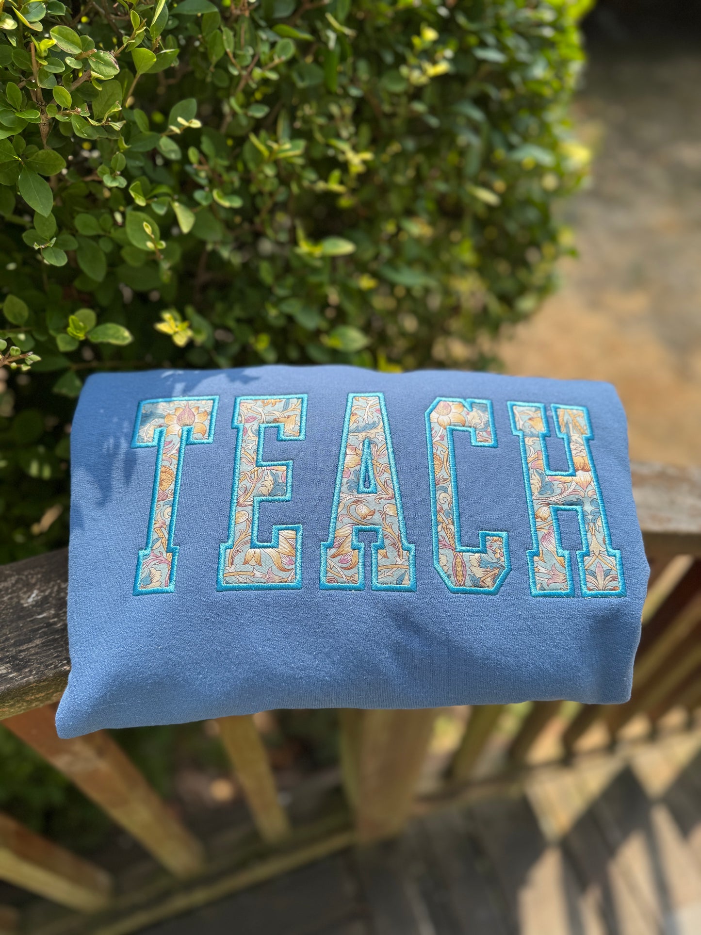 TEACH embroidered Applique Crewneck with William Morris Fabric