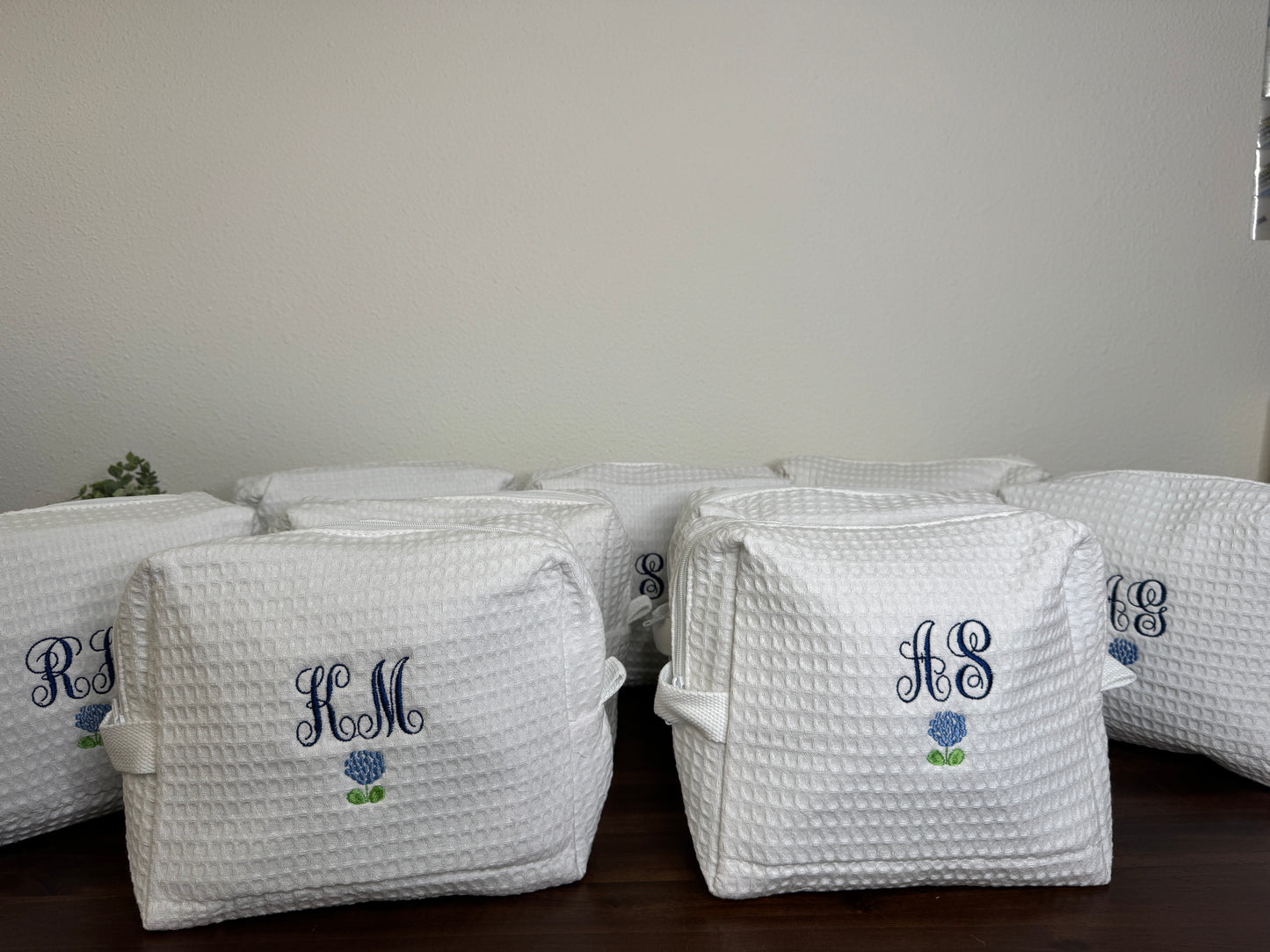 Embroidered Customized Waffle Makeup Bag with Monogram Initials and Flower or Fruit Graphic