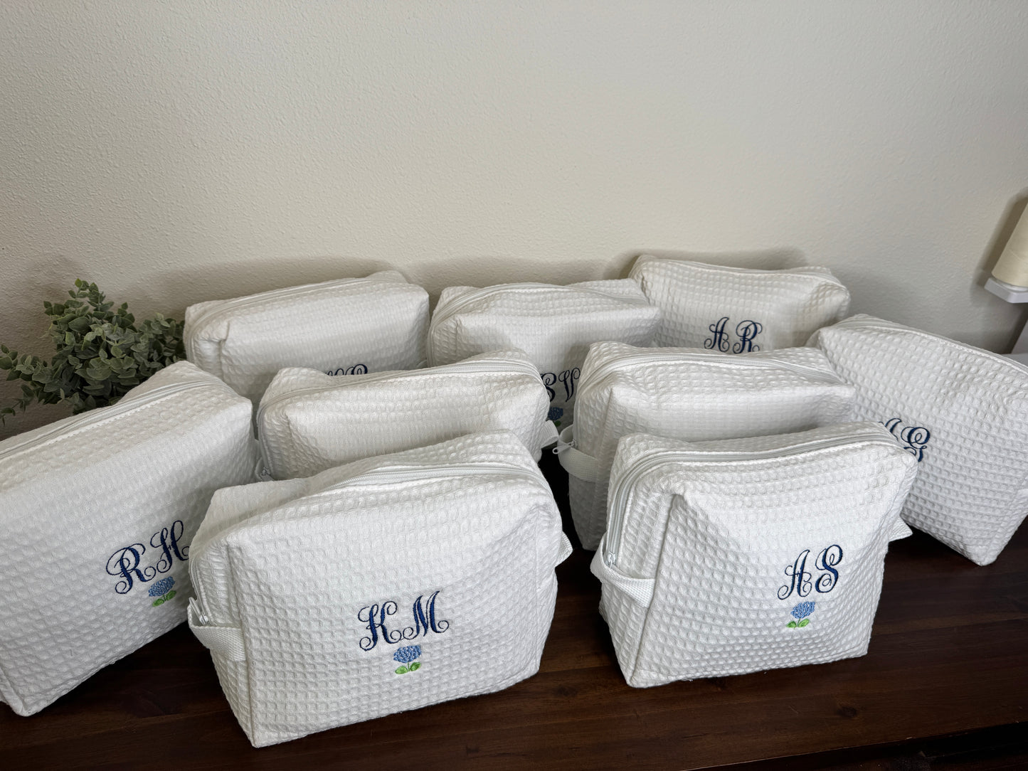 Embroidered Customized Waffle Makeup Bag with Monogram Initials and Flower or Fruit Graphic