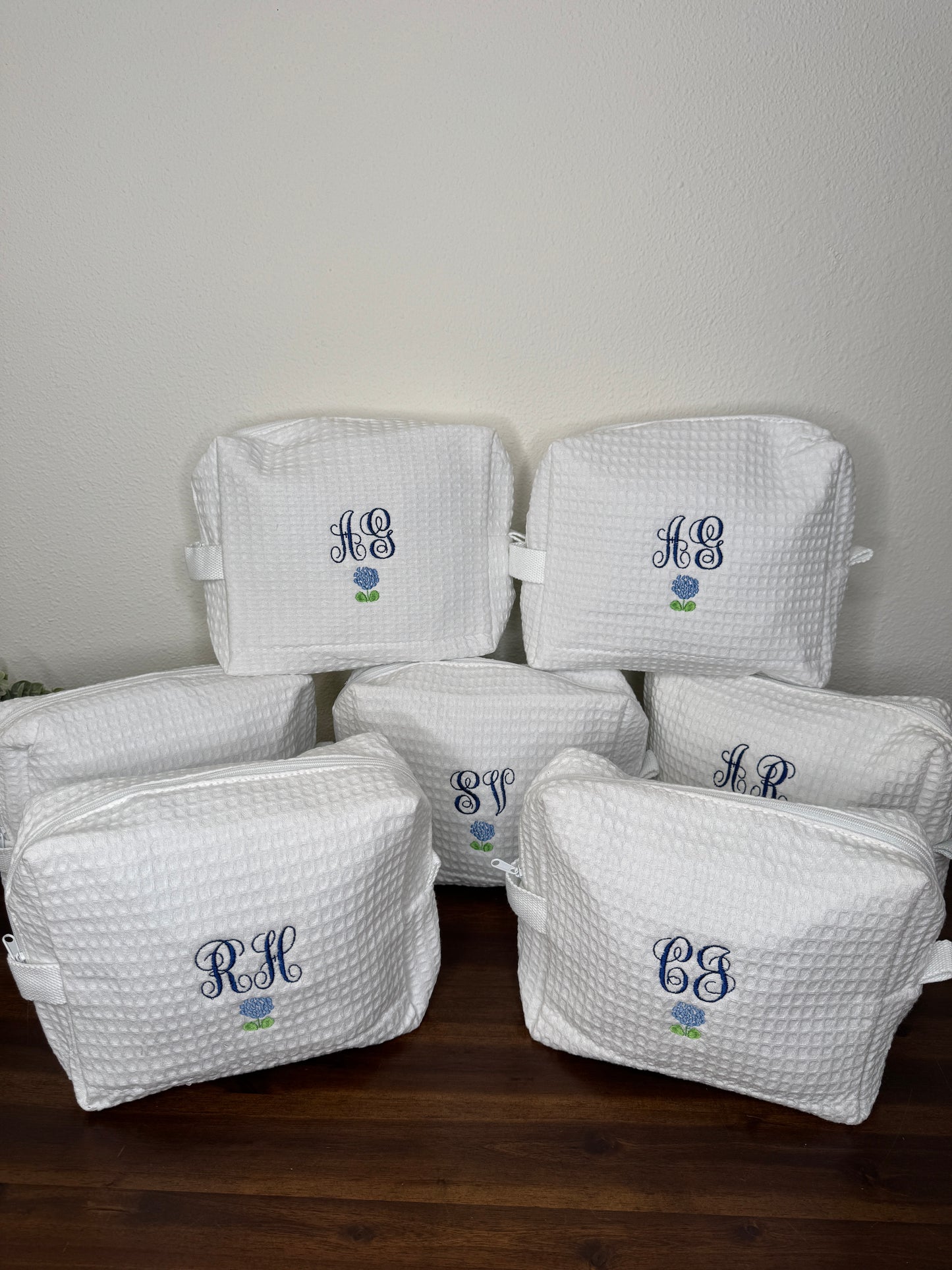 Embroidered Customized Waffle Makeup Bag with Monogram Initials and Flower or Fruit Graphic