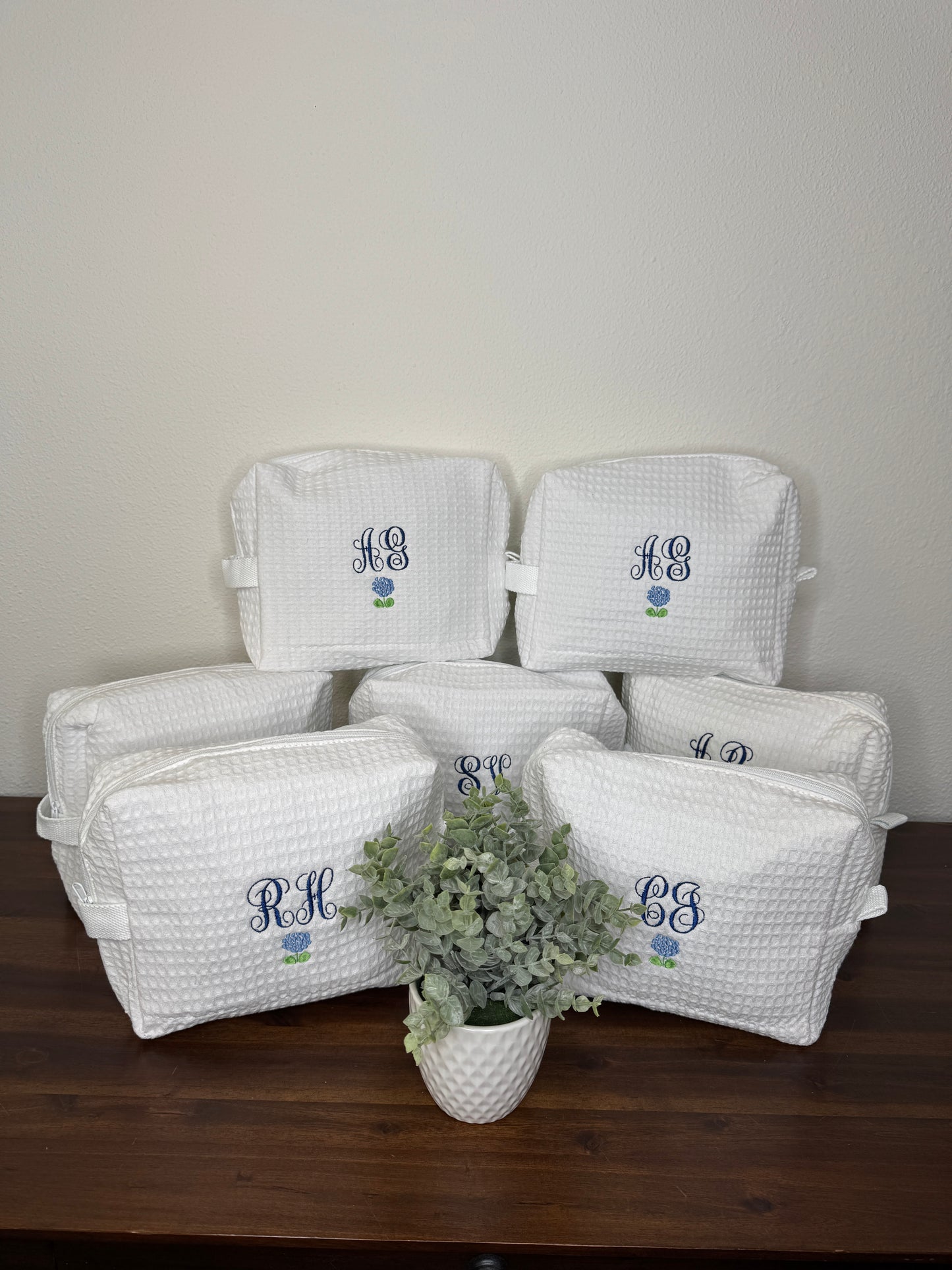 Embroidered Customized Waffle Makeup Bag with Monogram Initials and Flower or Fruit Graphic