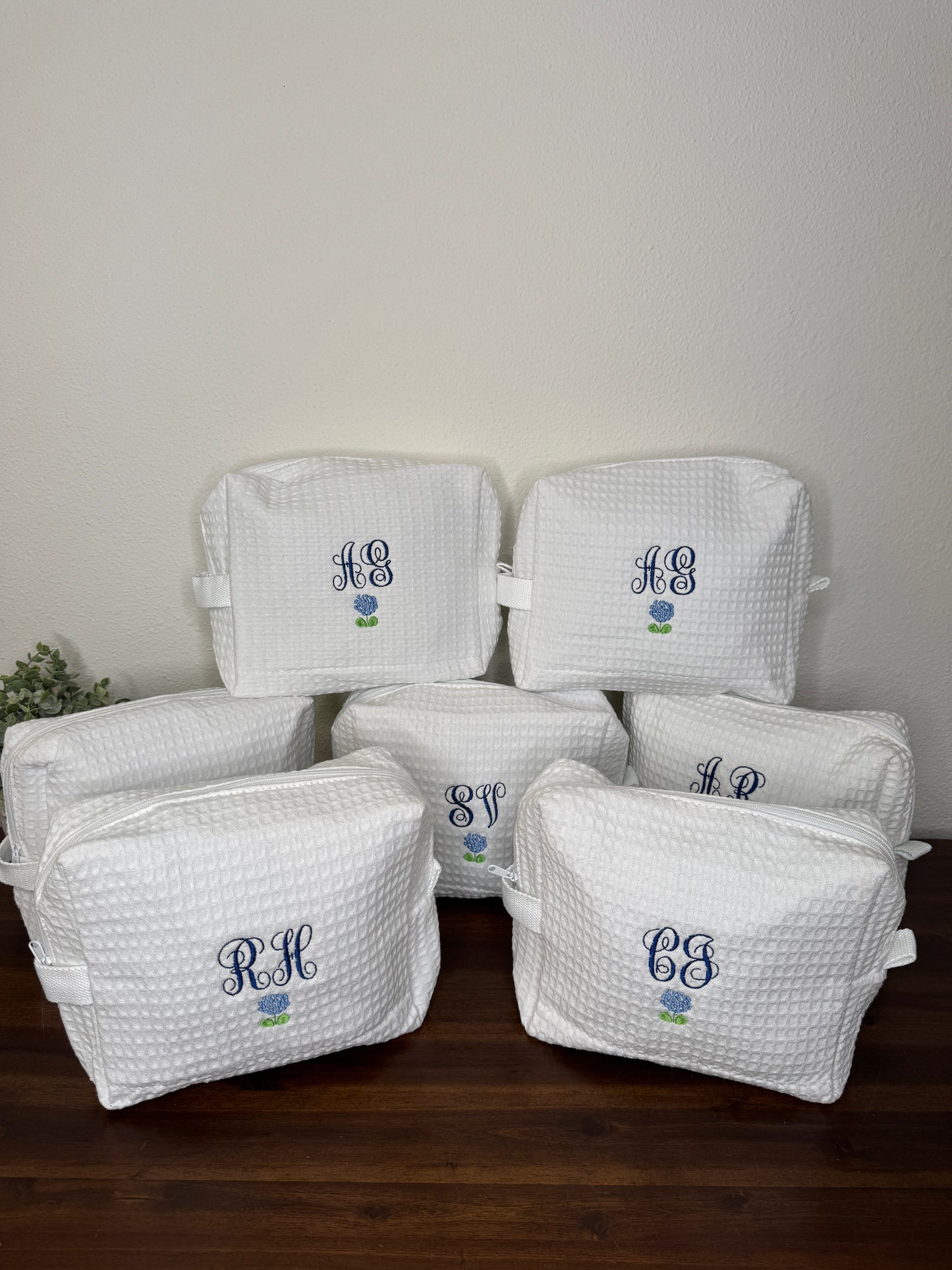 Embroidered Customized Waffle Makeup Bag with Monogram Initials and Flower or Fruit Graphic