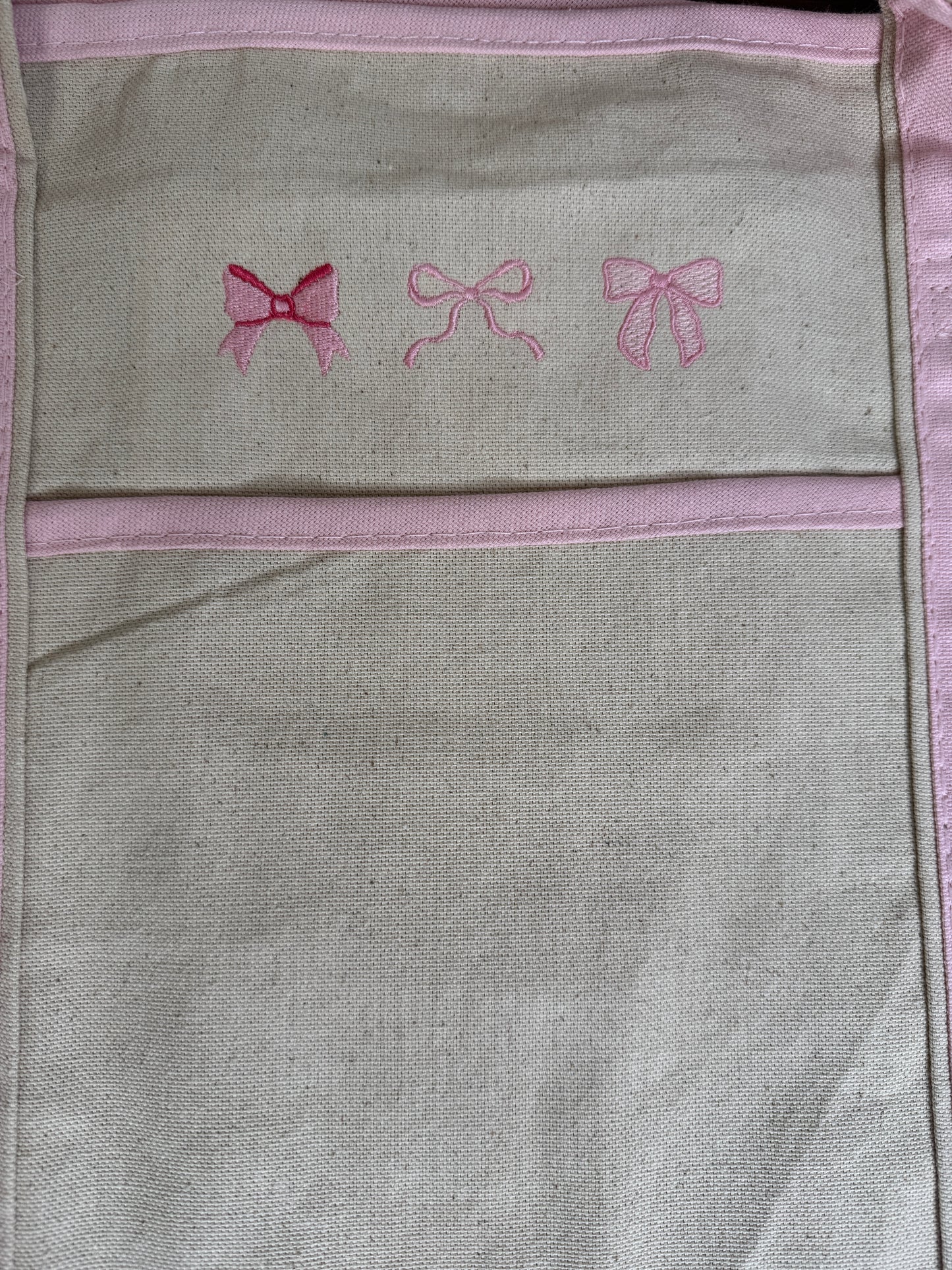 Pink Large Embroidered Boat Tote Canvas Bag with Three Pink Coquette Bows