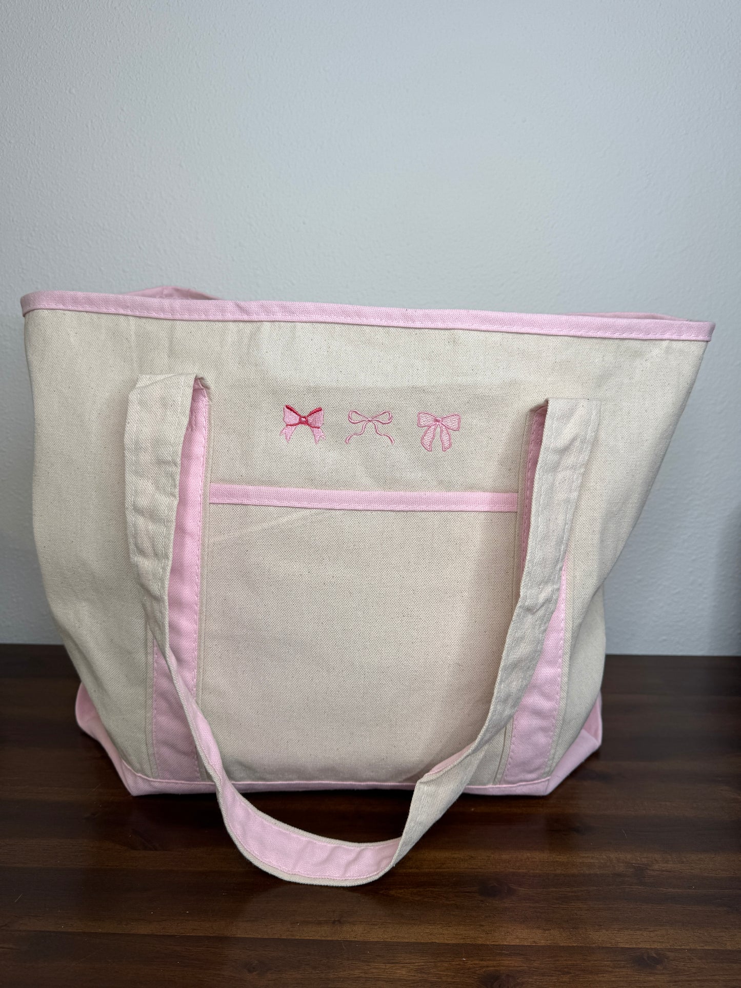 Pink Large Embroidered Boat Tote Canvas Bag with Three Pink Coquette Bows