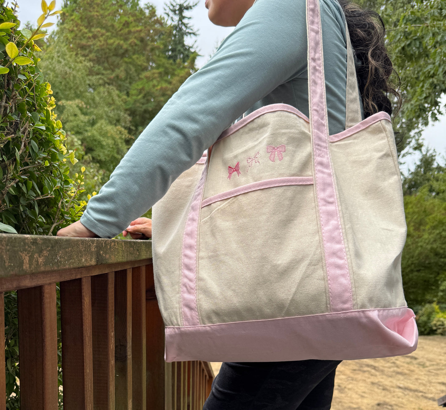Pink Large Embroidered Boat Tote Canvas Bag with Three Pink Coquette Bows